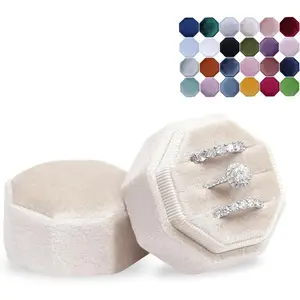 Velvet 3 Slots Jewelry Ring Box Engagement Wedding Box Keepsake Box Bridal Photo Ring Triple Slots Octagon (Champagne) Organiser Black