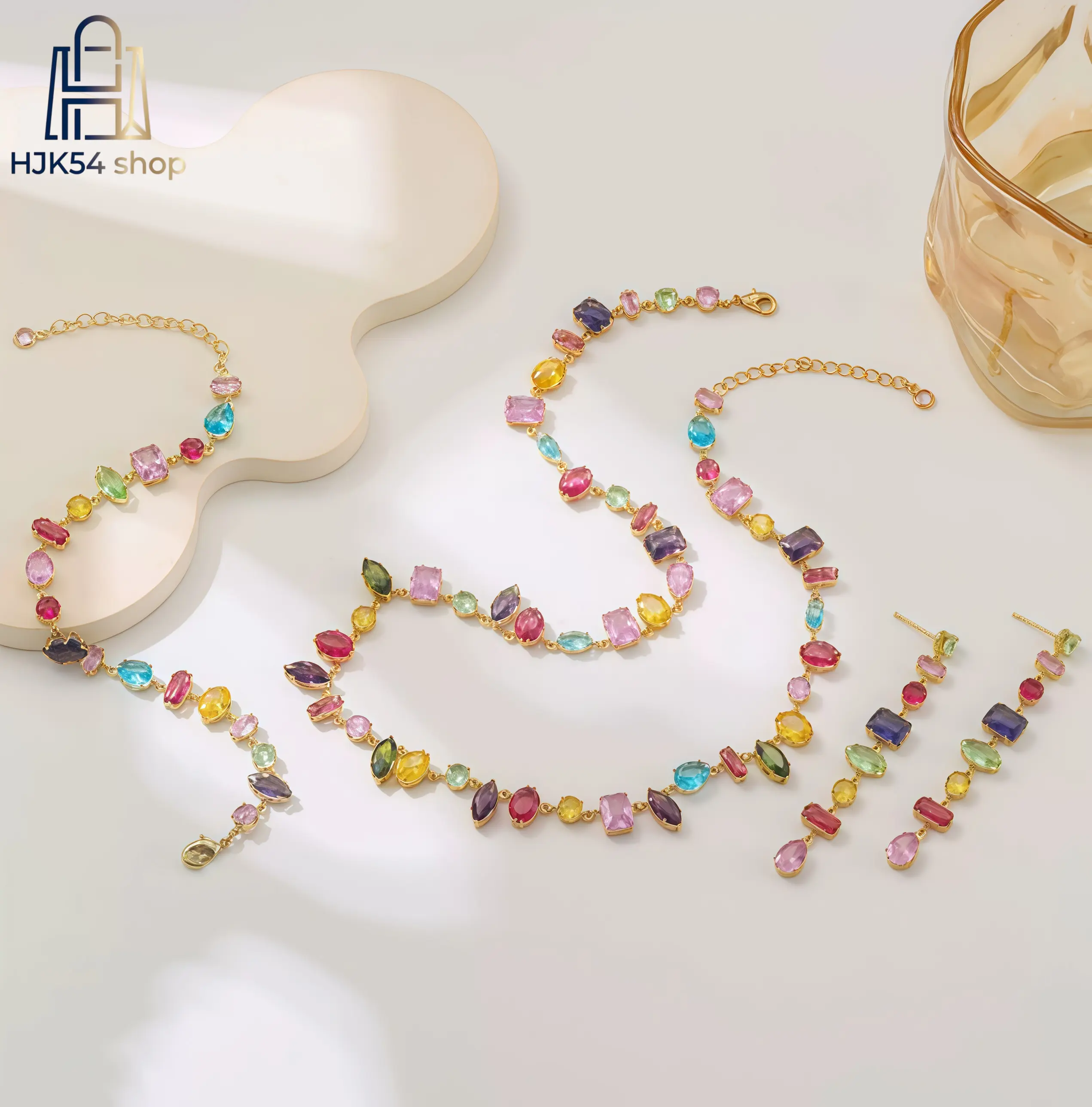 Rainbow Multicolor CZ Jewelry Set, Gold Tone Tennis Necklace + Bracelet + Drop Earrings, Colorful Crystal Wedding Party Jewelry for Women