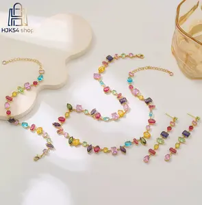 Rainbow Multicolor CZ Jewelry Set, Gold Tone Tennis Necklace + Bracelet + Drop Earrings, Colorful Crystal Wedding Party Jewelry for Women