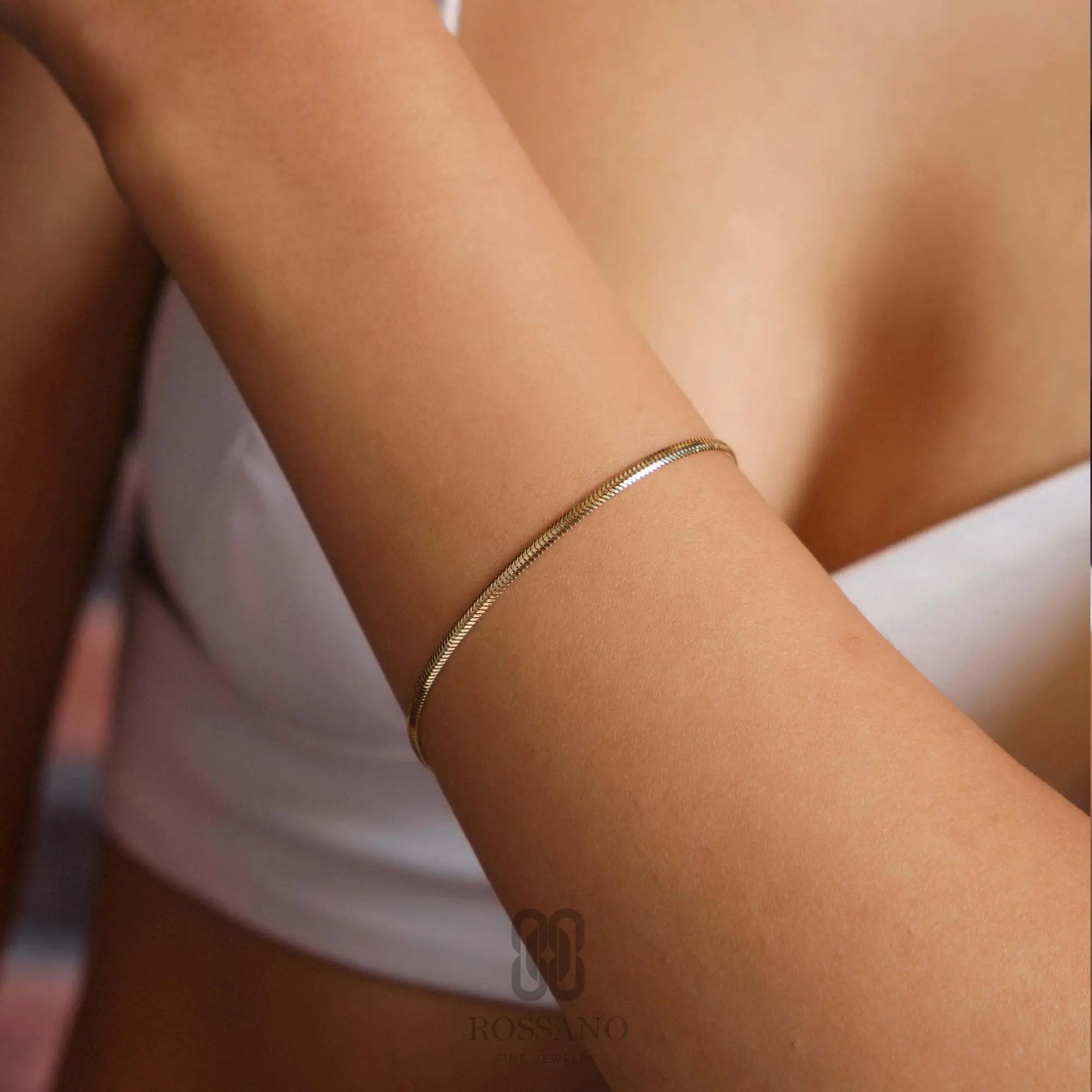 14K Gold Snake Bracelet, Italian Herringbone Chain Bracelet