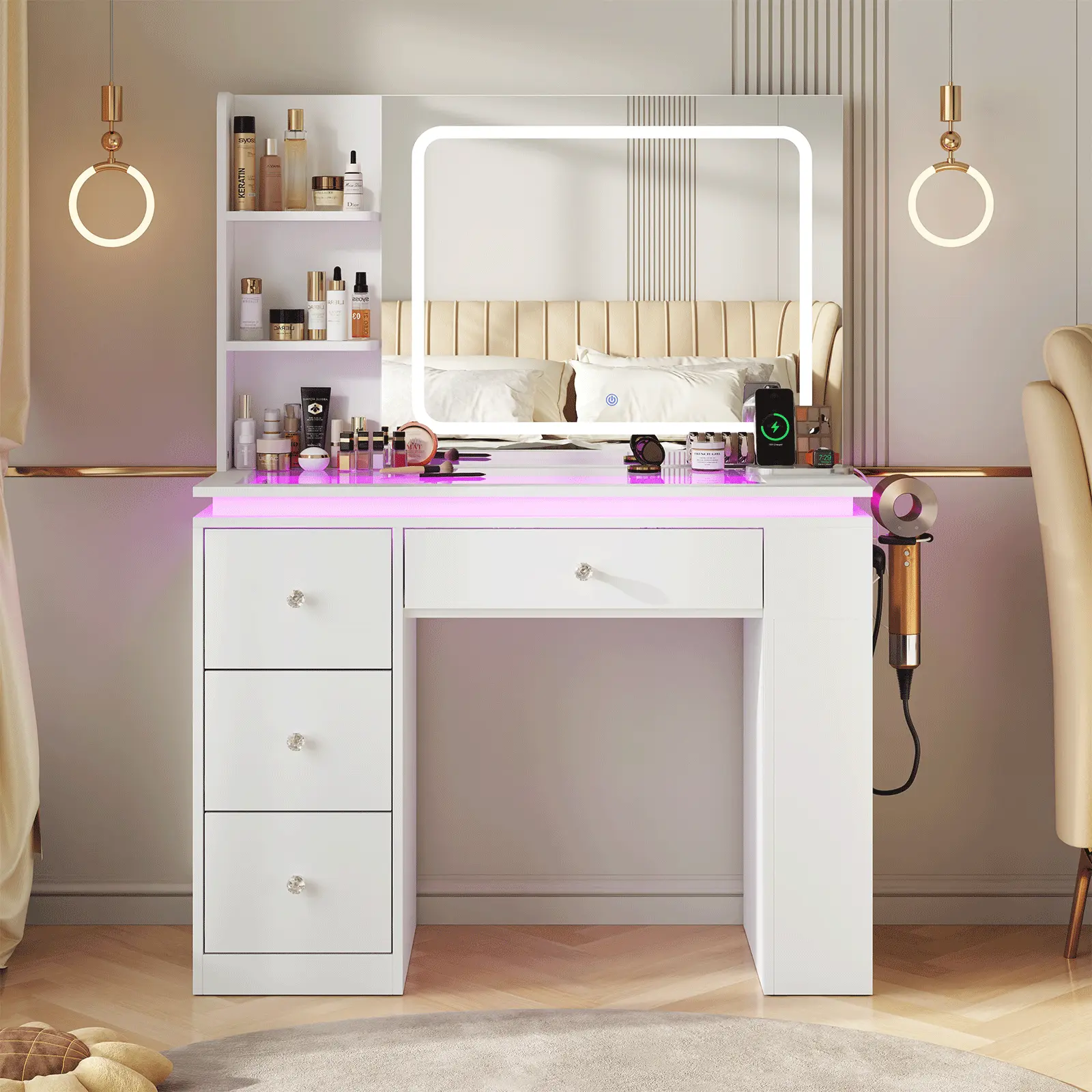 CollaredEagle Modern Makeup Vanity Desk with Glass Top and Mirror, Adjustable Lighting, RGB Storage Drawers, Power Outlet, Large Capacity Organizer for Bedroom Dressing
