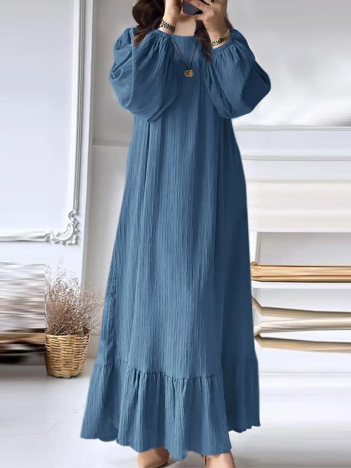Women's Solid Textured Belted Ruffle Hem Arabian Dress, Casual Bishop Sleeve Round Neck Ruffle Hem Flowy Long Dress for Fall & Winter, Women's Islamic