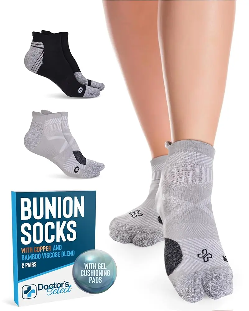 Doctor's Select Copper & Bamboo Viscose Breathable Comfy Bunion Socks for Women - 2 Pairs with Toe Separator, Black, Gray (Men's Option Available), Breathable Comfy Socks