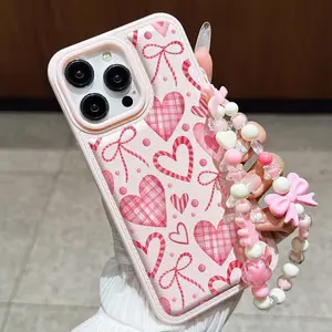 Striped Heart Bow Anti-Drop Phone Case for iPhone 15 Pro Max, Full Coverage, Valentine's Day Gift, Fashion Accessory