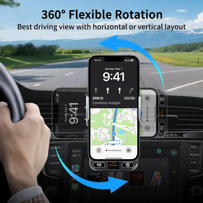 BiLOLLY Wireless Car Phone Holder 15W Fast Charge Infrared Smart Open/Close Motorized Arms 90° Rotation 360° Swivel for Air Vent