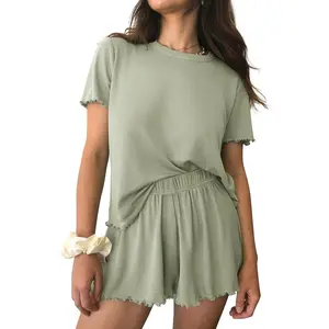 Womens Pajamas 2 Piece Ribbed Knit Pjs Short Sleeve Sleepwear Set Summer Soft Pajamas Set Casual Lounge Sets