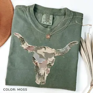 (Printe) Comfort Colors Camo Longhorn Skull Patchwork Tee, Western Cow Skull, Quilted Farm Animal Head Tee, Gingham Floral Rustic Cow Lover Shirt, Printed Shirt - TrendWear USA
