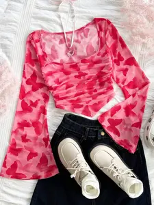 Women's Casual Vacation Knitted Mesh Insect Butterfly Print Square Neck Long Sleeve Flip Edge T-Shirt, Fit, Stylish and Comfortable