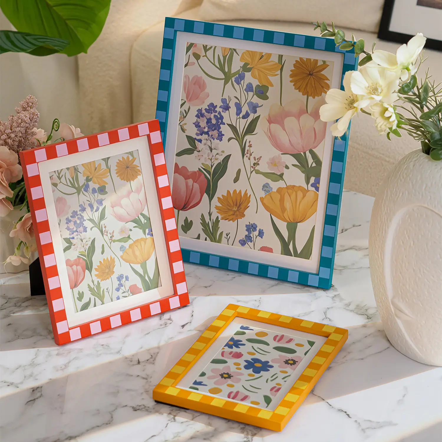 Hand-Painted Checkered Stripes Retro Wooden Photo Frames, Colorful Cottagecore Wood Frames, Wall Decor for Halloween, Thanksgiving Gift Ideas