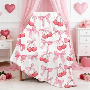 Pink Cherry Bow Throw Blanket, Coquette Valentine New Year Gifts for Girls Women Teens, Soft Valentine Flannel Cute Bowknot Cherry Blanket for New Year Preppy Girly Decor