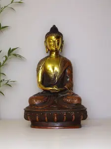 SHAKYAMUNI Artisan DRAGON BUDDHA Statue 8" Heavy Brass Alloy Rustic Painted Bronze 3-D Dragon Robes Dhyana Mudra Spiritual Decor Handmade Meditation Figurine