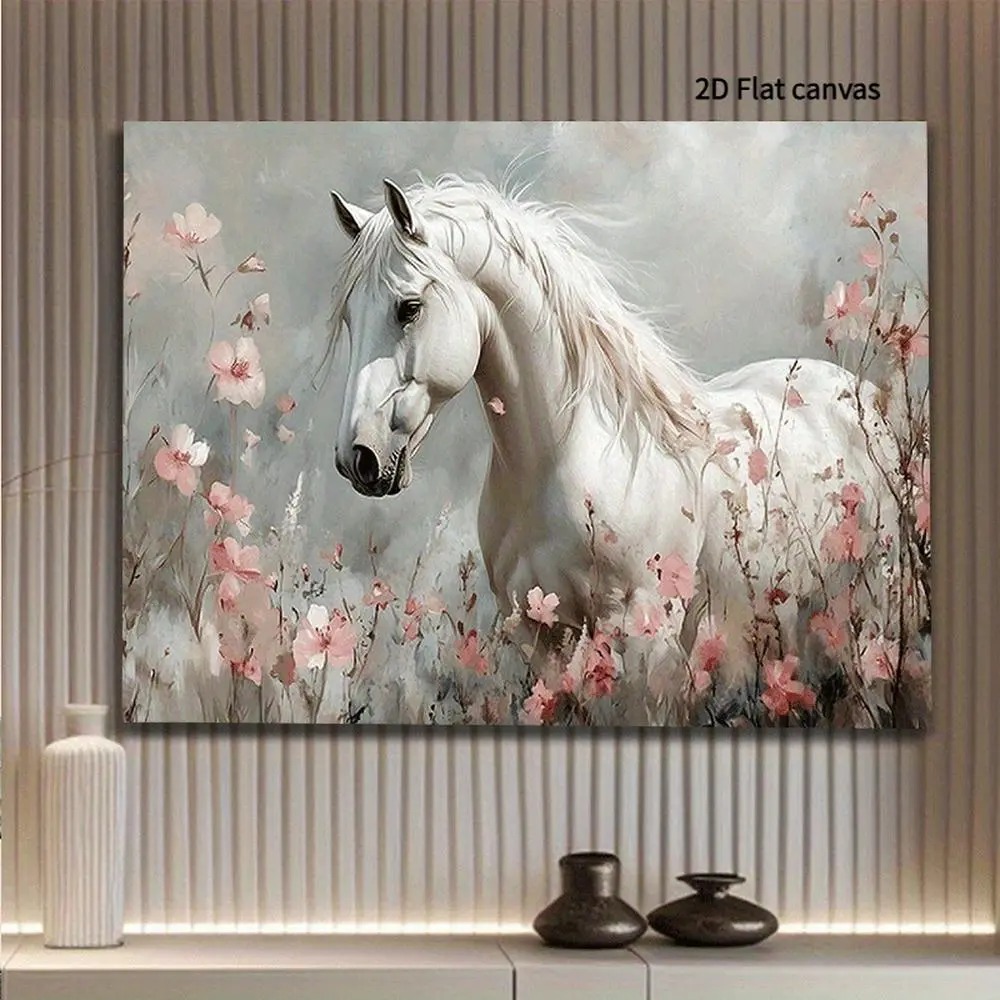 [2D Flat Canvas] 1pc Elegant White Horse Decorative Canvas Wall Art, Which Can Be Hung Directly, Suitable for Modern Art Decoration, Office Decor, Room Decor, Home Decor, Wall Art Decor, fath, Print