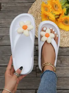 Women's Summer Beach Vacation Sandals, Thick Sole Anti-Slip Eva Slippers, Casual Plain Design, 6 Colors Available, DIY Five-Petal Flower, Footwear