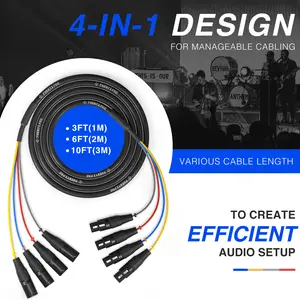 Phenyx Pro PCBL-4IN1-3 4-Channel XLR Snake Cable – Color-Coded Male to Female XLR, OFC Copper, 3ft Balanced Mic Splitter for Mixers, IEM, Audio Interfaces, Stage & Studio