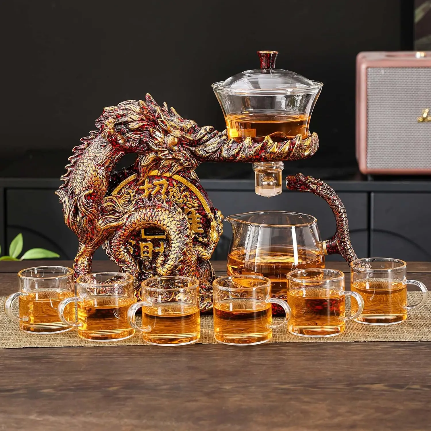 Blue-Golden Dragon Glass Teapot Set (Dragon Theme B) - Stainless Steel Filter, Semi-Automatic Infuser, 6 Small Teacups - Ideal for Birthday Gatherings, Fruit Tea Brewing