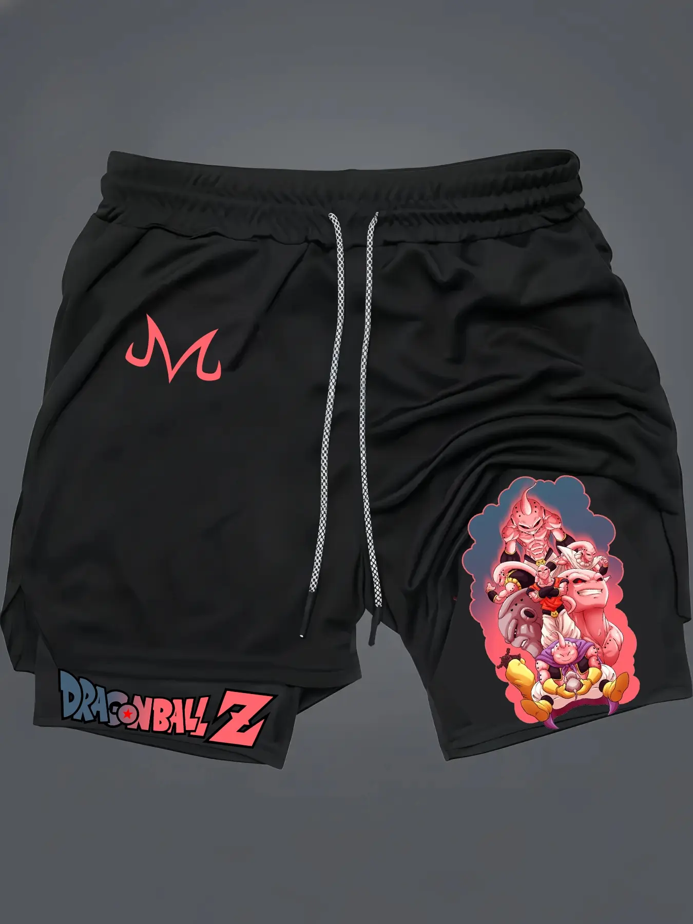 Dragon Ball Majin Buu Print 2-In-1 Drawstring Waist Shorts, Quick-Dry Swim Trunks, Loose Fit with Pockets, Ideal for Summer & Workout, Drawstring Athletic Shorts, Summer Sports Shorts