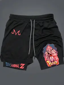Dragon Ball Majin Buu Print 2-In-1 Drawstring Waist Shorts, Quick-Dry Swim Trunks, Loose Fit with Pockets, Ideal for Summer & Workout, Drawstring Athletic Shorts