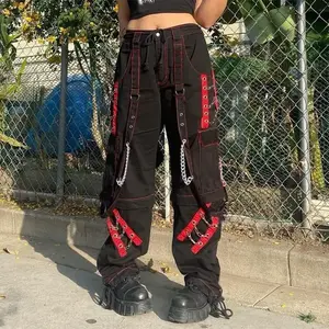 Women’s Dark-Style Cool Vintage Cargo Pants with Red Stripes & Chicken Eye Chains, Mid-Rise, All-Season Black Bottoms — Women’s Trousers