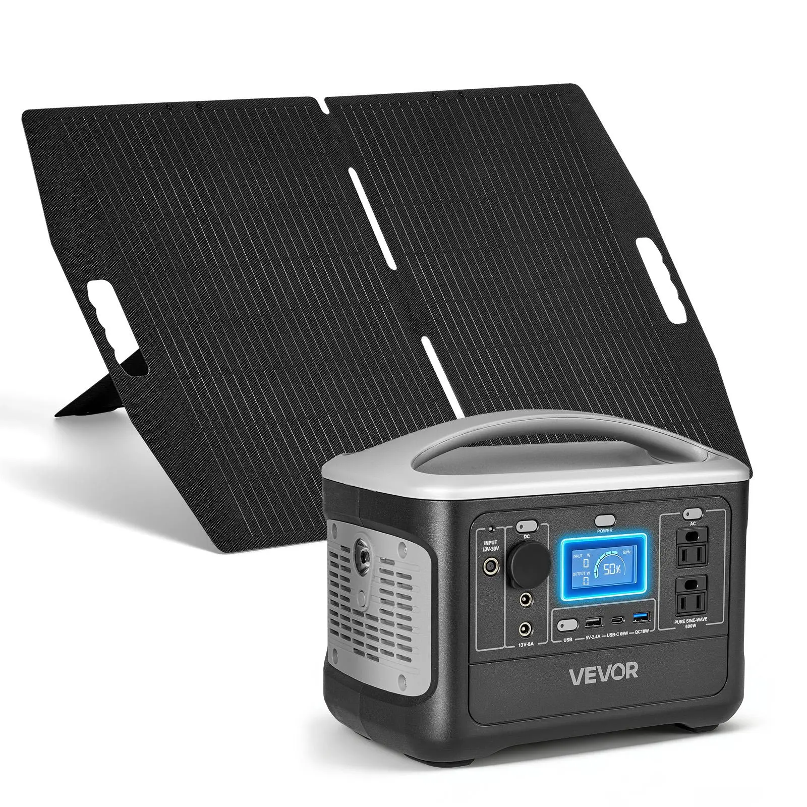 VEVOR Compact Portable Power Station with 100W Solar Panel, 600W Solar Generator, 493Wh LiFePO4 Battery Backup, 8 Output Ports for Home Emergency, Outdoor Camping