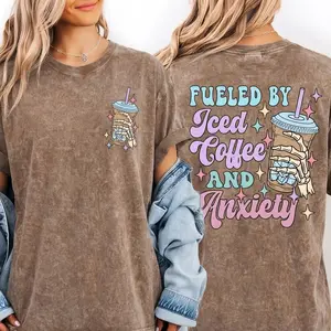 Fueled by Iced Coffee and Anxiety Vintage Washed T-Shirt Trendy Casual Graphic Tee 100% Cotton Classic Fit Unisex Daily Top