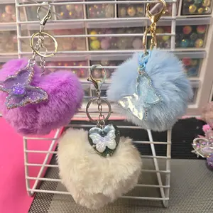 Boujee Handmade Resin Keychains with Colorful Pom Poms and Butterfly Charms for Unique Accessory