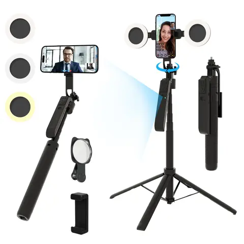 360° Rotatable Aluminium Alloy Selfie Stick Tripod with Detachable Ring Lights, 360° Auto Face Tracking, Bluetooth 5.3 Remote, Gesture Control, 70" Extendable Silicone Clip & Buttons, All-Device Phone Holder for iPhone/Android (TikTok/Vlog Use)