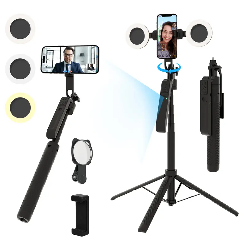 360° Rotatable Aluminium Alloy Selfie Stick Tripod with Detachable Ring Lights, 360° Auto Face Tracking, Bluetooth 5.3 Remote, Gesture Control, 70" Extendable Silicone Clip & Buttons, All-Device Phone Holder for iPhone/Android (TikTok/Vlog Use)