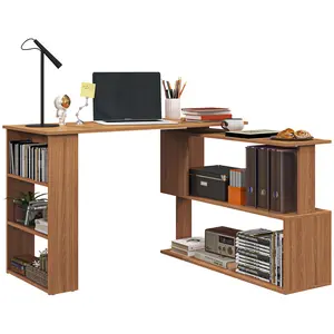 360° Rotating L-Shaped Corner Desk – Teak. Desk & Shelf Rotate (L-Shape, Straight or Overlapped). Large Surface + 2-Tier S-Shelf + 3-Shelf Bookcase. Easy Assembly