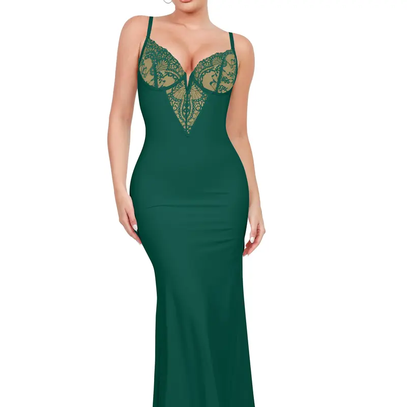 Popilush Lace Built-In Shapewear Maxi Dress Wide-Leg Jumpsuit Deep V-Neck Tummy Control Party Wear-Women Womenswear - Live