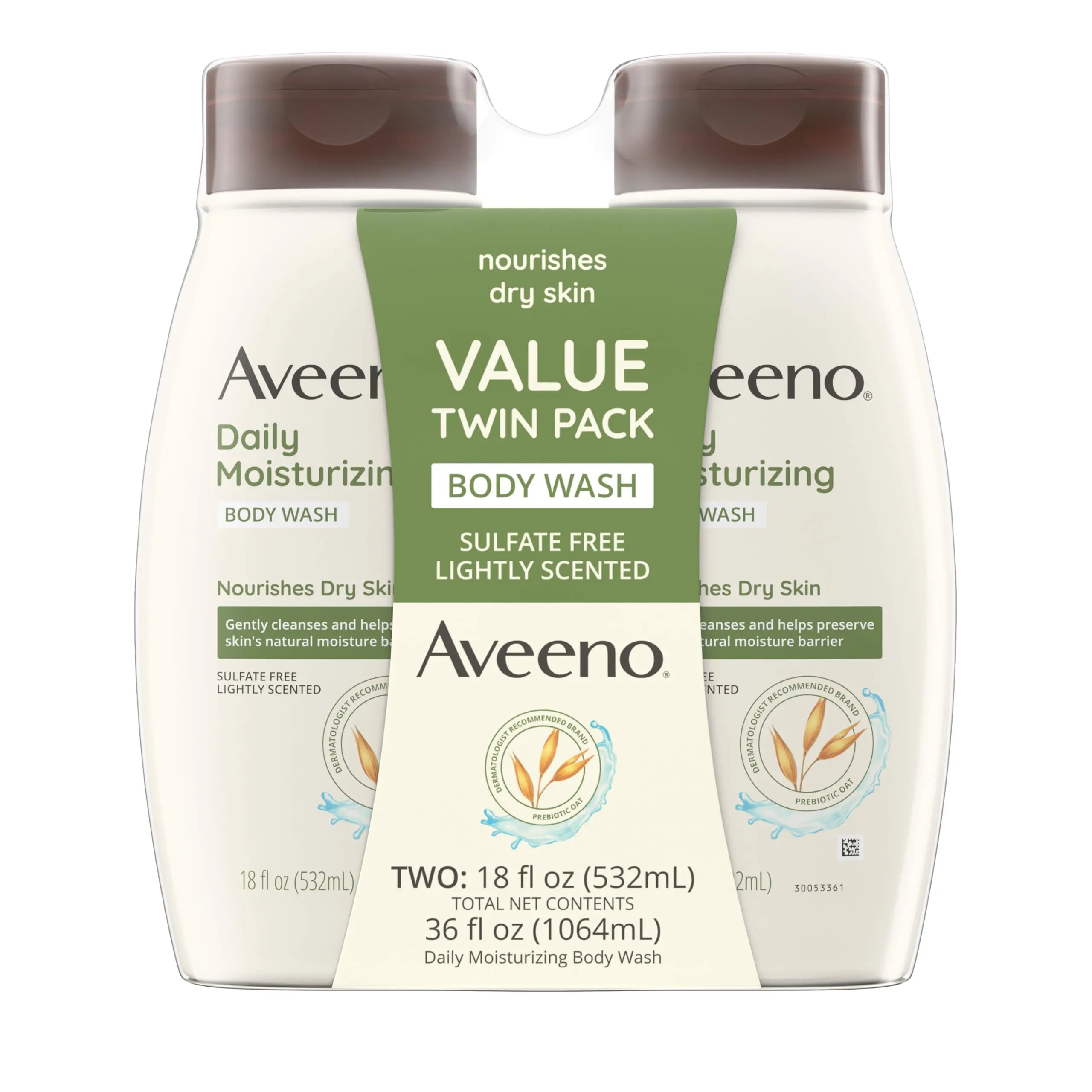 Aveeno Daily Moisturizing Body Wash Cleanser & Shaving Gel for Men & Women, Clean-Rinsing for Softer & Smoother Skin, Gentle & Lightly Scented, 18 fl. Oz, Pack of 2