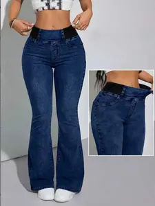 2026 Women's Back Shirred Jeans,Mid-Rise Elasticity Waist Flared Jeans,With Pockets,Fit,Light Blue Washing Process,Women's Bell-Bottoms Wide-Leg Jeans,Waist - Cinching Design