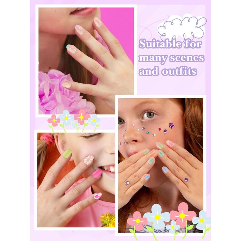EBANKU Press on Nails for Kids, 78、72、24 Pieces Kid Fake Nail Kit Old Colorful Flower Press on Nails sets for girls 8-12 Years with Jelly Nail Adhesives & Nail Builder Glue Christmas