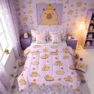 Funny Capybaras Comforter Bed Set with Sheets,7 piece Capybara Lover Bed Bag,Cartoon Rodents Animals Ducks Bedding Set,Kids Adults,Violet Khaki Bed Set