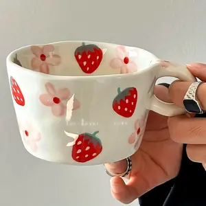 Vibrant Kawaii Strawberry Pattern Lead Free Ceramic Coffee Mug, Food Grade BPA Free Non-Toxic Reusable Creative Art Design Drinkware, Dishwasher & Microwave Safe Cute Cup for Iced Coffee Latte Tea, Ideal for Home Office Kitchen Party Daily Use