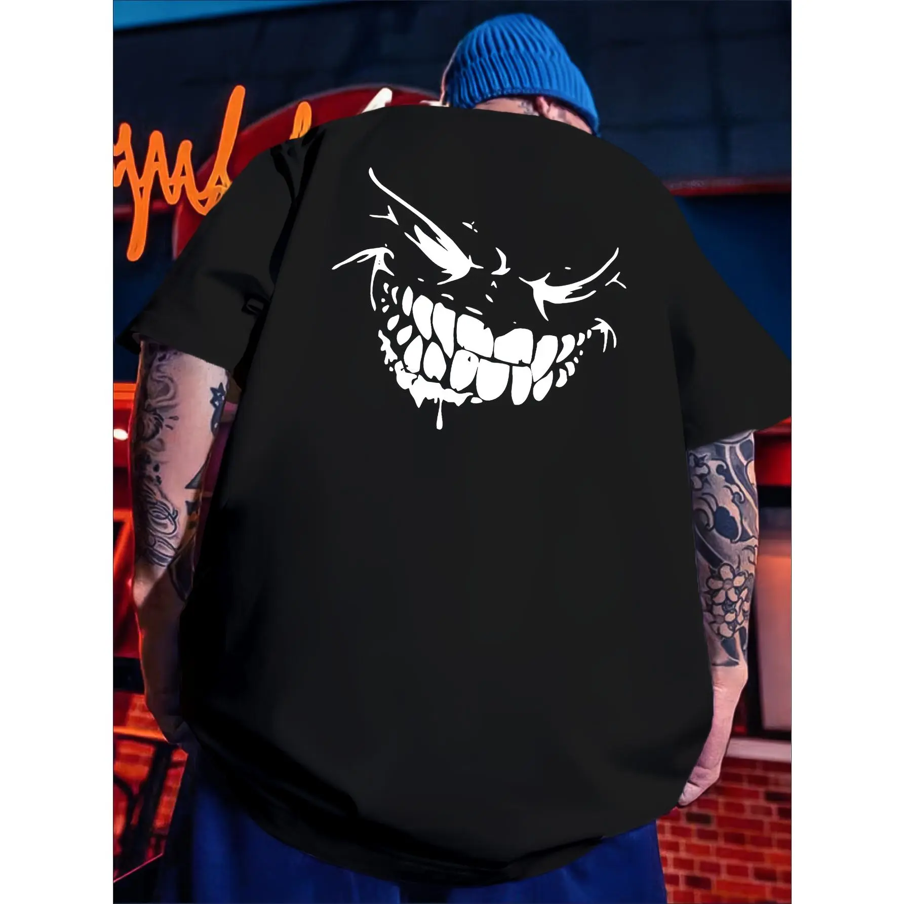 Plus Size Men's T-shirt For Summer, Creative Grimace Graphic Print Short Sleeve Tees For Big & Tall Males
