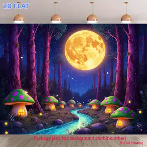 1pc 2D Flat Banner, Items,Forest Night with a Full Moon And Stars As The Background, PrintedVersatile Banner Backdrop Fabric, Ideal for Festival Photography And Event Decoration, High Definition Photography Backgroun