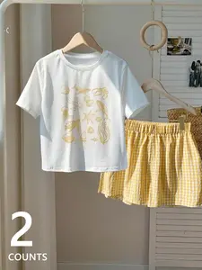 2 Counts Y2K-Inspired Matching Set, Short Sleeve T-Shirt With Nautical Print And High-Waisted Plaid Shorts, Breathable Outfit For Young Women And Summer Activities