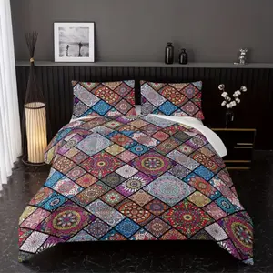 Colorful Bohemian Quilt Set, Vintage Plaid Bedding Set, Soft Lightweight Patchwork, All Seasons, 1 Quilt and 2 Pillowcases