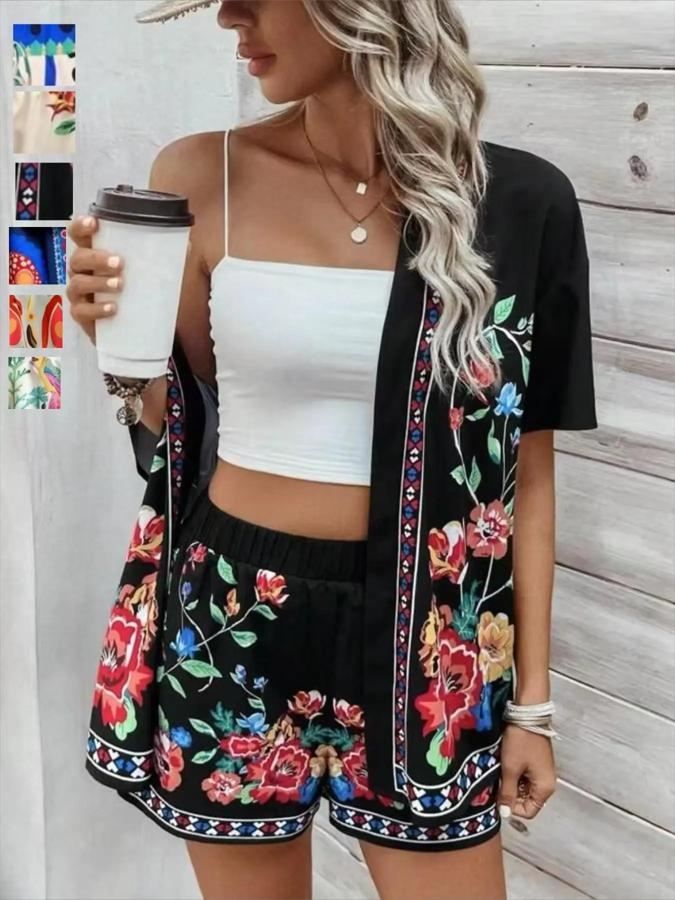 Fashionable Summer New Arrival Bohemian Style Boho Plant Printed Cardigan Lightweight Short Sleeve Baggy Shorts Set, Casual High Waist Loose-Fitting for Daily Wear Clothes