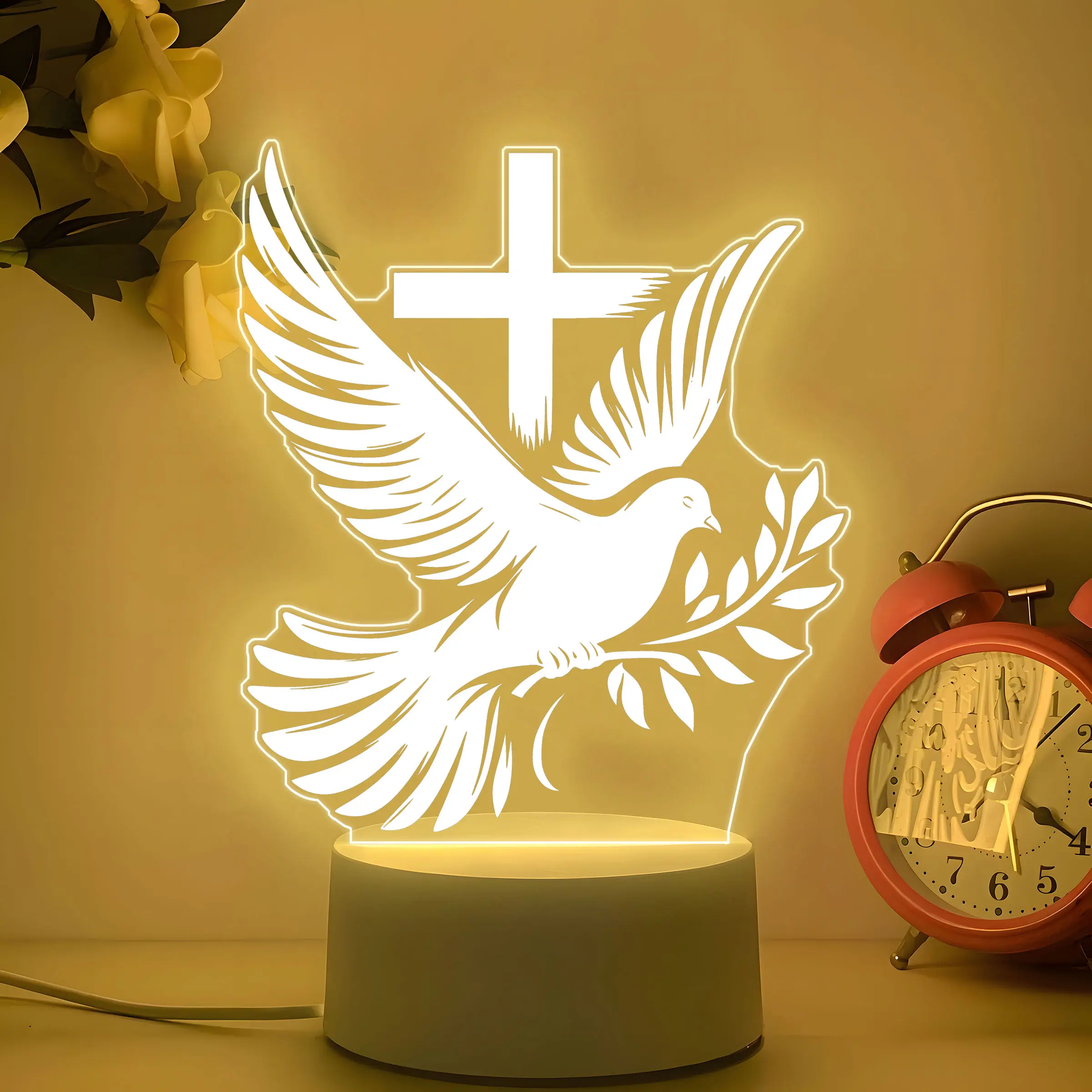 Christian USB Night Light with Dove and Cross Design, Warm Glow Faith Decoration, Prayer Learning Home Decor, Perfect Gift for Christians, Nightlight For Bedroom, Bedside Night Light