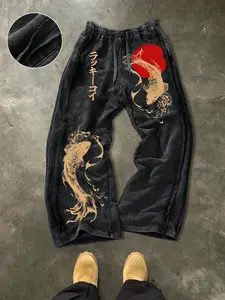 Men's Cotton Sport Pants, Fish Print, Casual Street Style, Drawstring Waist, Ankle Length, All Seasons, Ideal Gift