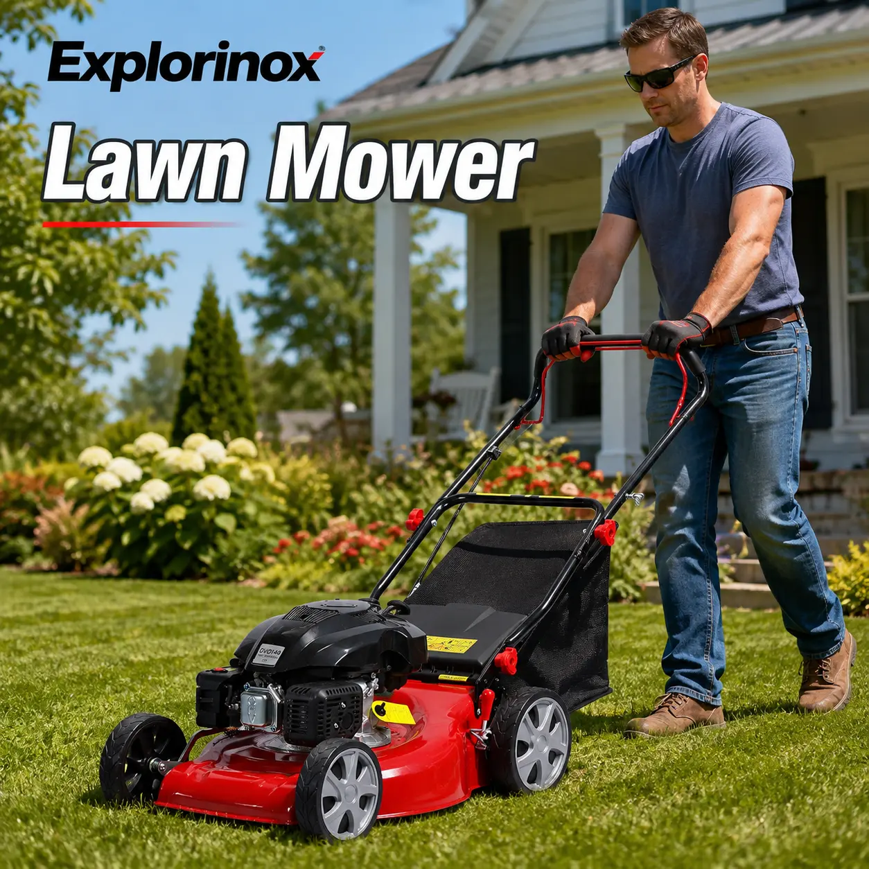 Explorinox 20-Inch Self-Propelled Lawn Mower with 141cc Gas Engine 50L Grass Tank Foldable Handle 3-in-1 Discharge for Efficient Lawn Care, Tool Kit, 12" Rear, 8" Front