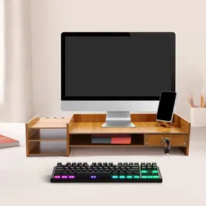 Bamboo Monitor Stand Riser, Exquisite Monitor Stand with Drawer Ergonomic Height Wood Monitor Stand，computer Rack with Lockable Drawer Bookshelf