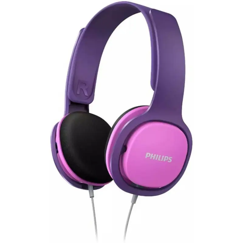 PHILIPS Kids Over-Ear Wired Headset - 100.2g Ultra-Lightweight, 320–360 Mm Adjustable Ergonomic Headband, 85dB Volume Limit, Volume Control, Standard Jack, Vibrant Purple & Pink, Isolated Sound, Durable, Cable Management, 12Hz, Headphone Accessories