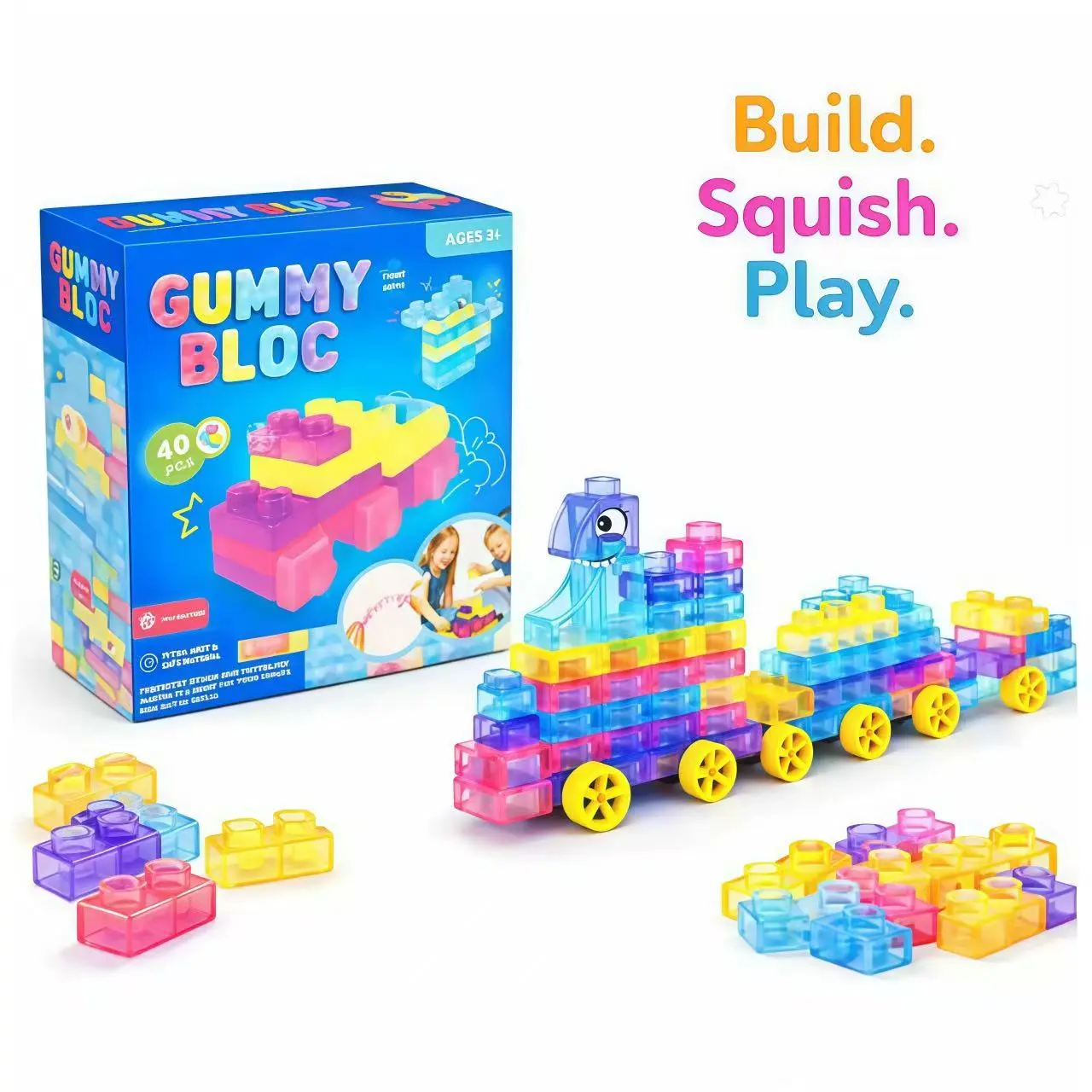 Gummy Bloc Soft Building Blocks - 40PCS Squishy Sensory Toys for Toddlers, Stretchable Squeeze Blocks, Safe Eco-Friendly Construction Bricks for Kids 3+