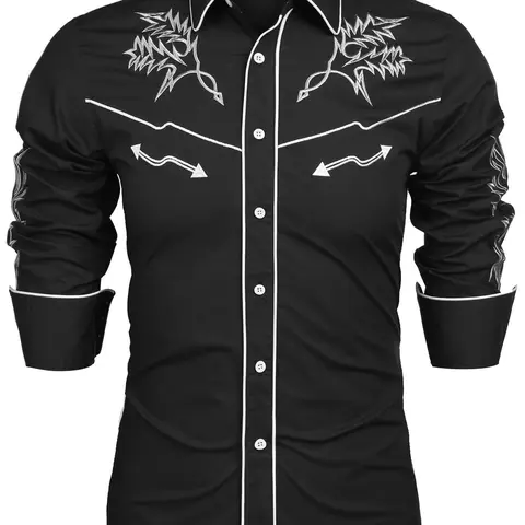 Men's Western Cowboy Shirt Long Sleeve Embroidered Shirt Slim Fit Cotton Casual Button Down Shirt