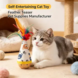 Interactive Wooden Wobble Cat Toy with Feather Teaser | Fun Indoor Play Toy for Cats Kittens and Curious Pets