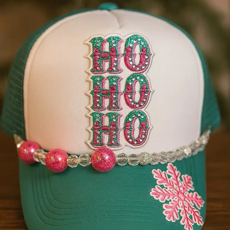 HO HO HO Holiday Trucker Hat Bling Bling with Festive Snowflake and Beaded Trim for Christmas Celebrations