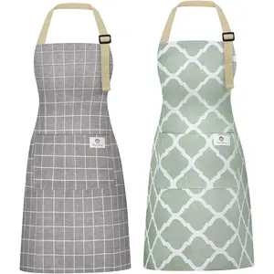 2 Pieces Aprons for Women with Pockets, Cotton Linen Waterproof Kitchen Cooking Aprons, Chef Apronfor Men Women with Adjustable Neck Strap and Long Ties(Grey/Green)