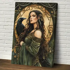 [The Canvas Art Print] 1pc Framed The Canvas Art Print -  Celtic Goddess of War Wall Decor, Raven & Celtic Mythology Art, Pagan Print with Intricate Details for Living Room, Bedroom, Home Office